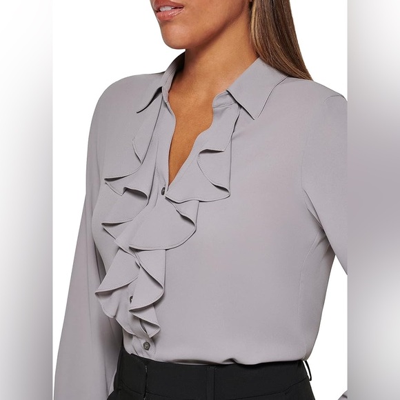 Calvin Klein Ruffled Collar Long Sleeve Blouse Size Large - Picture 2 of 10